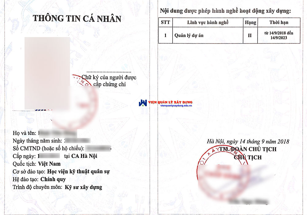 Mẫu Chứng chỉ hành nghề quản lý dự án Mẫu Chứng chỉ hành nghề quản lý dự án