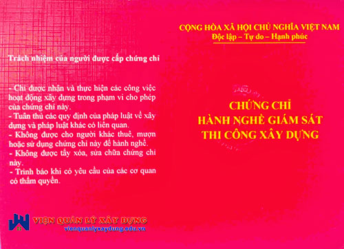 Mặt trước của chứng chỉ hành nghề tư vấn giám sát xây dựng mặt trước Chứng chỉ hành nghề tư vấn giám sát xây dựng
